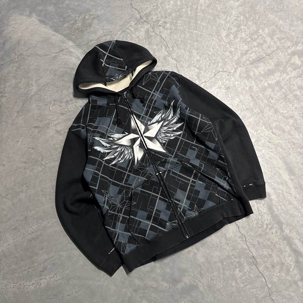 Black Y2K Graphic Zip-Up Hoodie with Winged Star Design